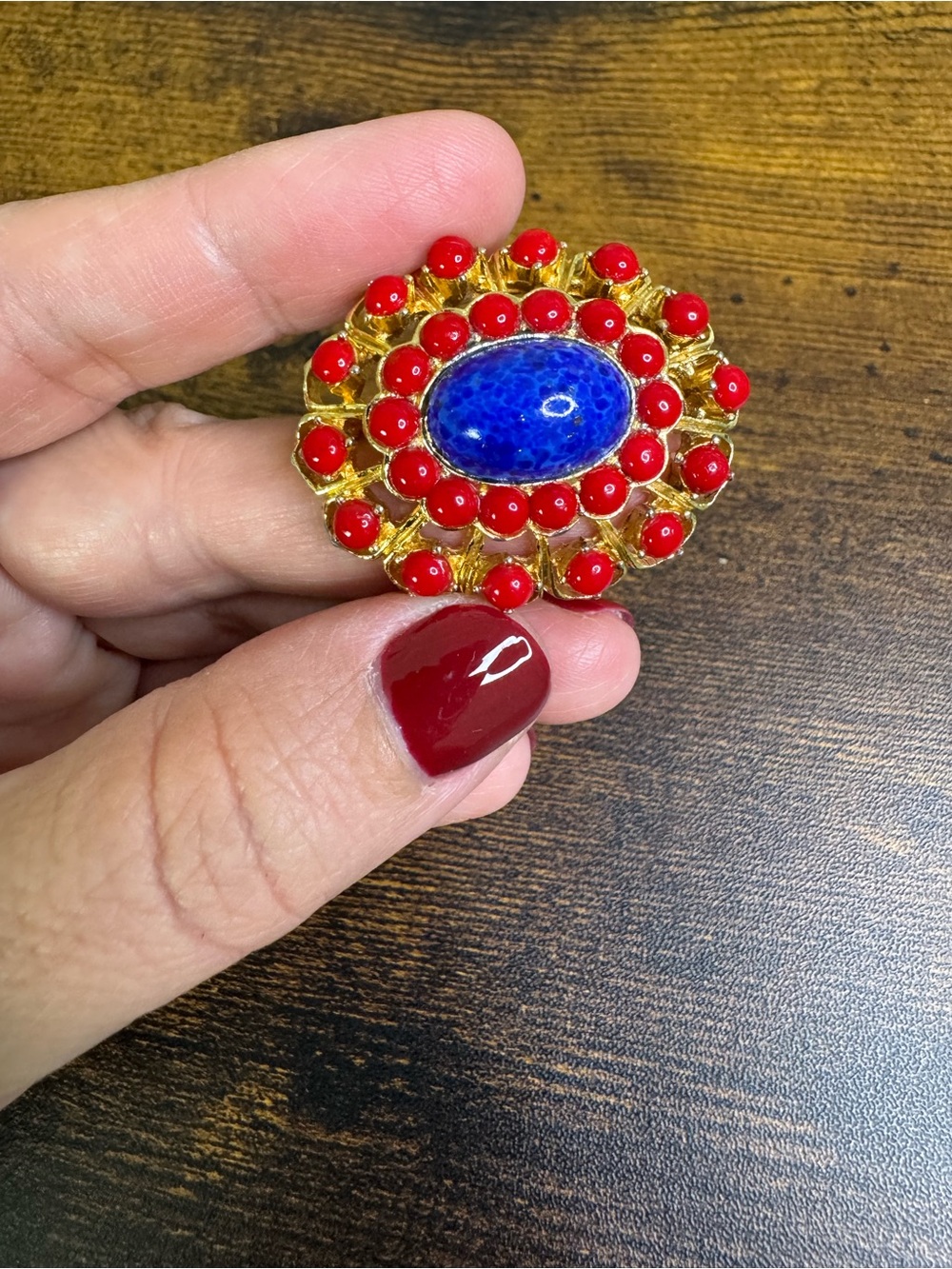 Etruscan Revival Sphinx Brooch Gold-Tone Blue Stone and Red Bead Marcel Boucher